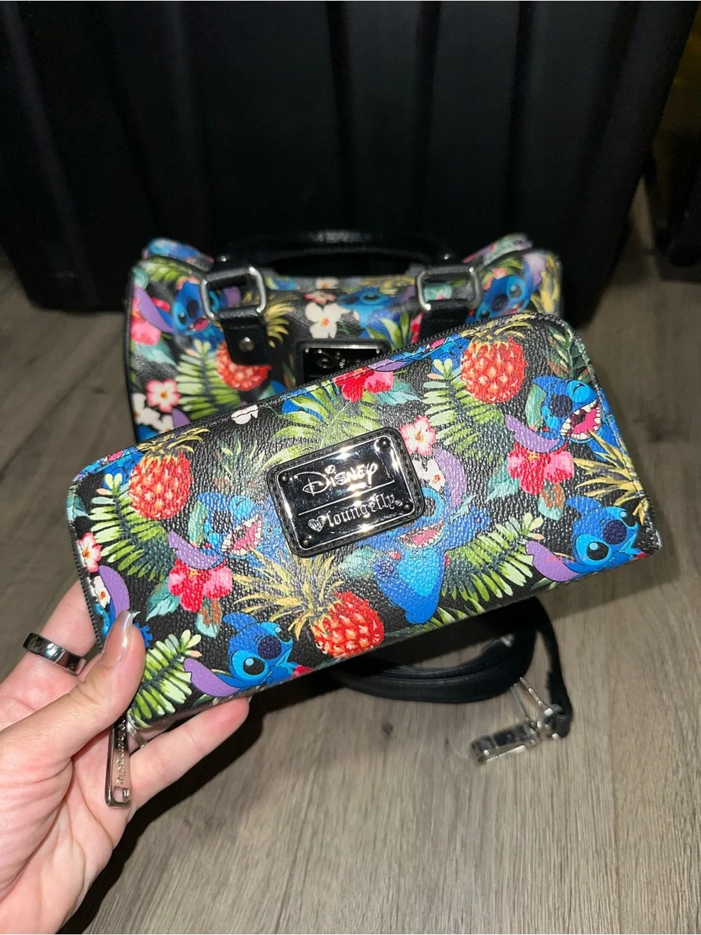 Loungefly Black Tropical Stitch Satchel & Wallet Set with Blue Accents